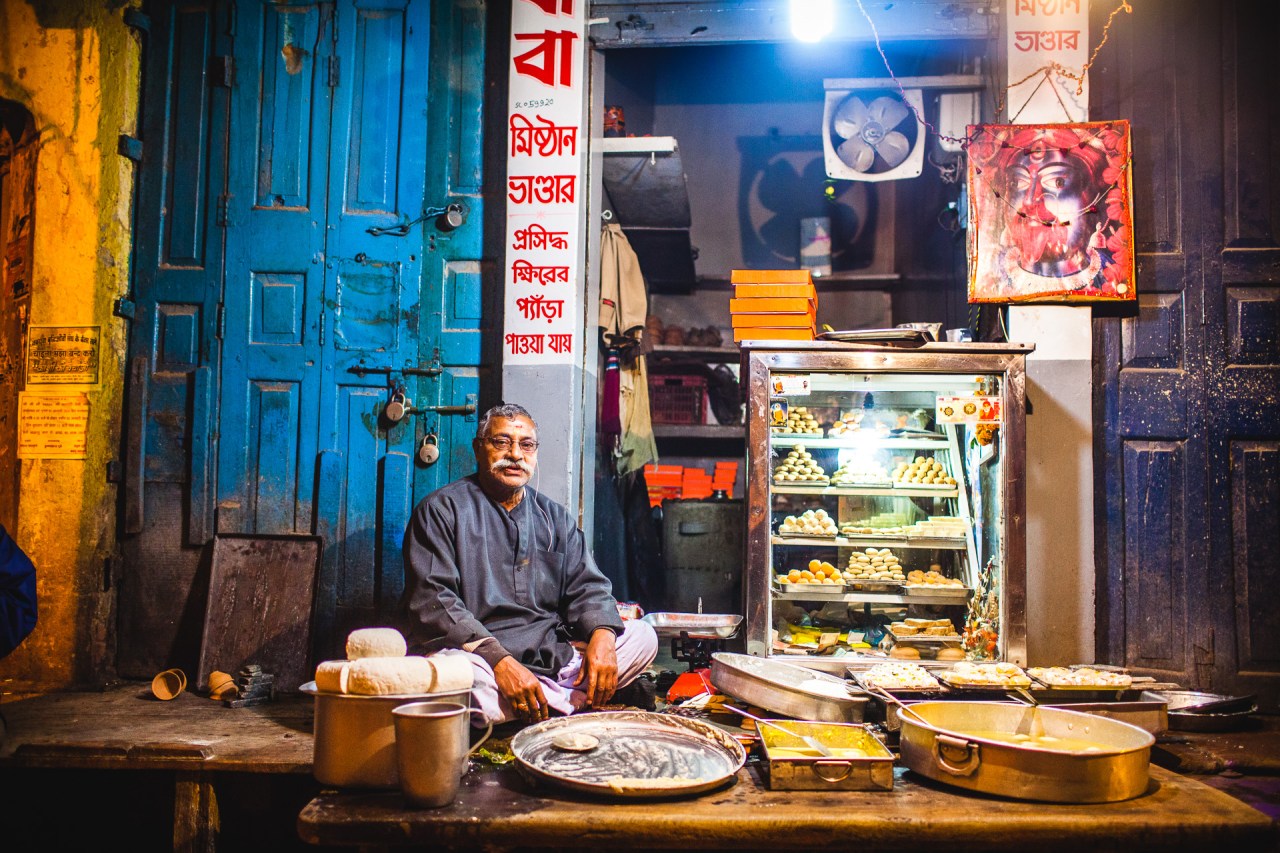 Indian Starbucks. It's all about sugar and some 1000 ways to cook it, with the billion flavours and spices they master. Almost open 24/7 or when the goods are ready. Varanasi, Uttar Pradesh, India, 2014.