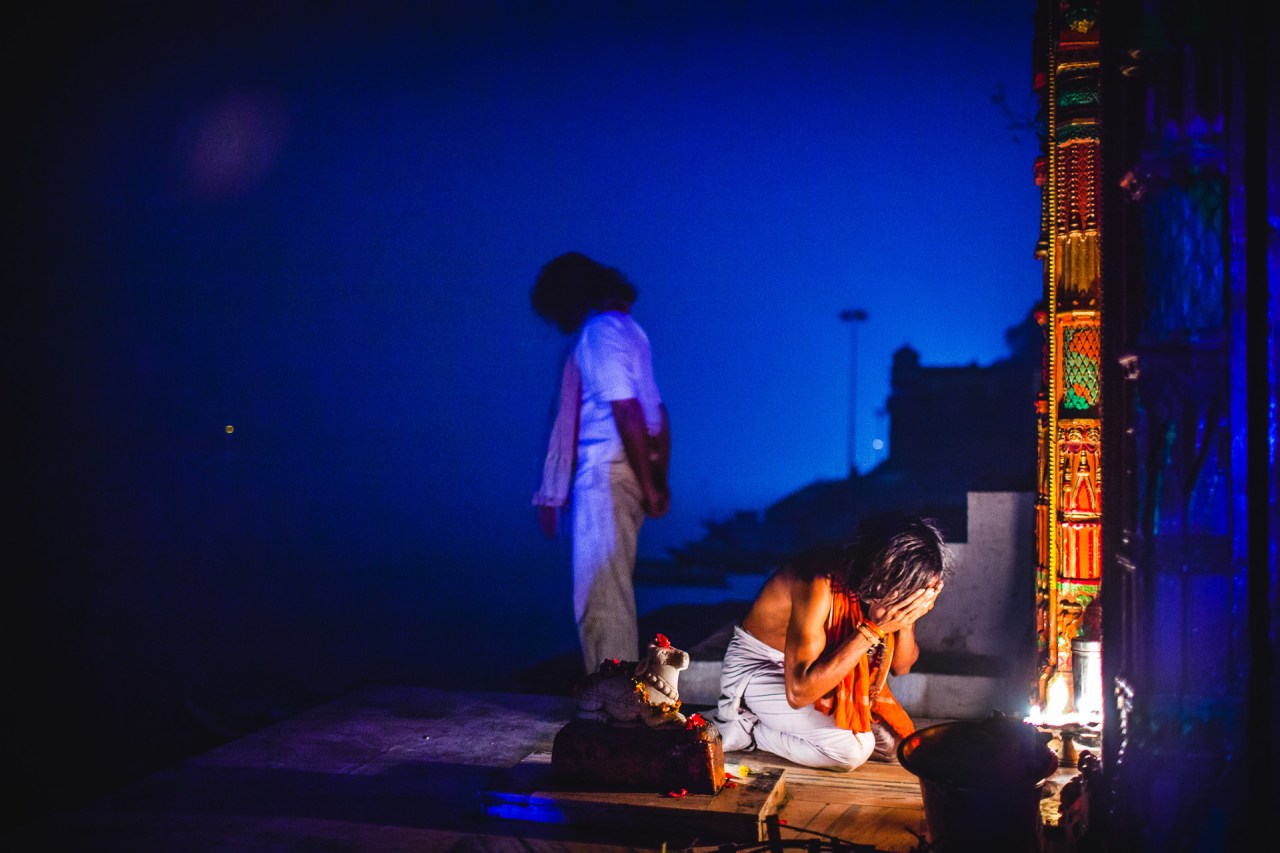 Bad day. Bad week, bad year! Everyone has some good days and some bad days, everyone has karma. Don't let a bad day make you think you have a bad life. Ghat at night. Varanasi, Uttar Pradesh, India, 2014.